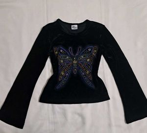 Y2k Vintage 2000s Velvet Butterfly Long Sleeve Top