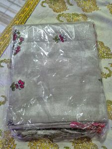 Beautiful Saree In Silver With Embroidery All Over
