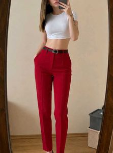 MANGO Red High-Waisted Trousers with Belt
