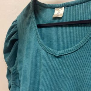 Teal Puff Sleeve Ribbed Top