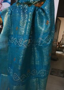 Orange and blue bandhani print saree with sequin w