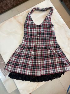 Plaid Halter Dress with Lace Trim