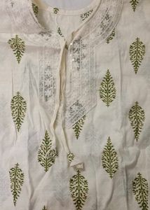 off white  short Kurta with Green Leaf Print