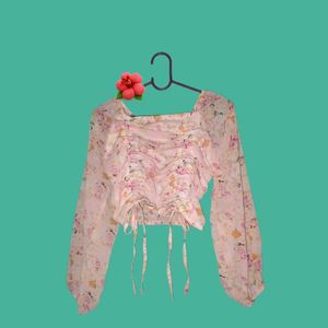 Pink Floral Ruched Crop Top🌸🌀