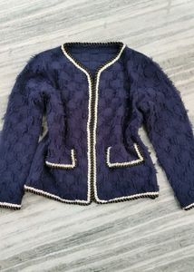 Elegant Textured Navy Blue tweed knit Jacket