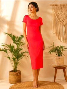 Vibrant Red Short Sleeve Midi Dress