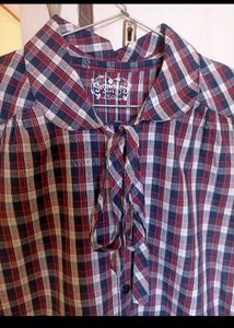 Women's Plaid Short Sleeve Tie Neck Blouse