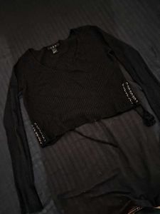 in coins Y2k Black Ribbed Lace-Up Crop Top