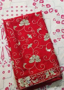 Red Saree with Silver Embroidery