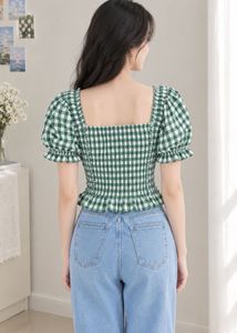 Chic Green Gingham Smocked Top