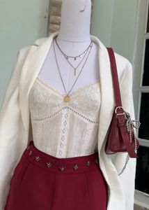 Chic White Blazer &amp; maroon shorts Outfit