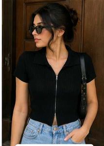 Black Ribbed Zip-Up Top