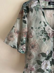 Sheer Floral Print V-Neck Top