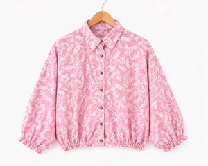 Pink Floral Print Button-Up crop top