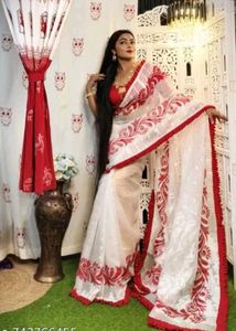 Lase border White &amp; Red Saree