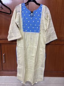 Stylish Cream &amp; Blue Cotton Kurta hand painted