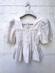 Korean Pinterest White Smocked Puff Sleeve Top