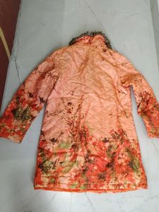 Orange Floral Quilted Jacket with Fur Collar