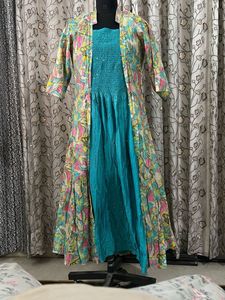 Beautiful Teal Maxi Dress with Floral Shrug