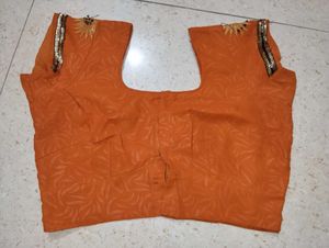 Orange Textured Blouse with Embellished Sleeves