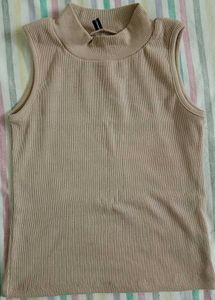 Ribbed Mock Neck Sleeveless Top - beige