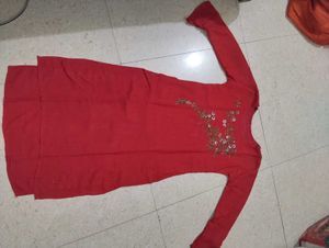 Red Embroidered Asymmetrical Kurta