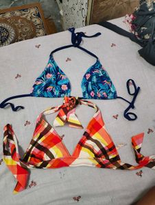 Tropical & Plaid Bikini Tops Set