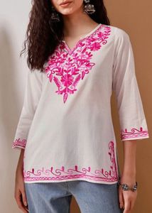 White Kurta with Pink Embroidery