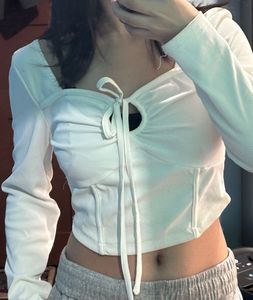 Ribbed Tie-Front Long Sleeve Top