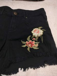 Black Embroidered Denim Shorts