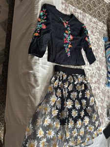 Embroidered Top &amp; Daisy organza Skirt Set
