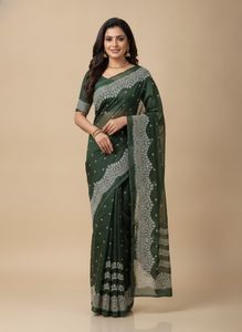 Elegant Dark Green Saree with White Border