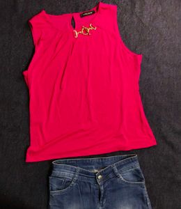 Vibrant Pink Sleeveless Top with Gold Accent