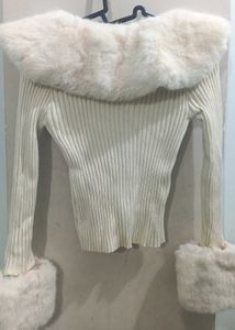 Cream Knit Cardigan with Fur Trim