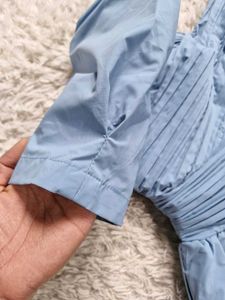 Sky Blue Puff Sleeve Midi Dress With pocket