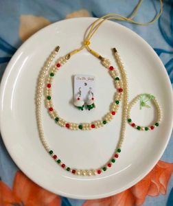 Pearl Necklace with long chain , Earring Set an