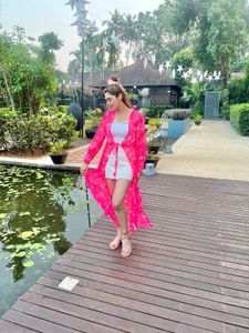 Vibrant Pink Floral Print Sheer Cape