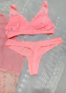 Sheer Pink Lace Robe &amp; Lingerie Set