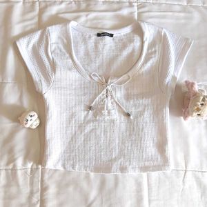 White Cropped Lace-Up Top