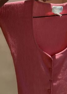 Coral Ribbed Button-Down Top