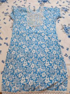Blue Floral Kurta with Embellished Neckline
