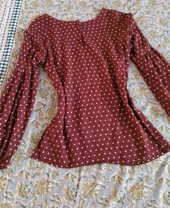 Maroon Polka Dot Top with Balloon Sleeves