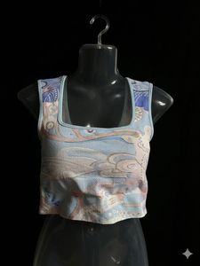 Trendy Blue Cloud Print Cropped Top