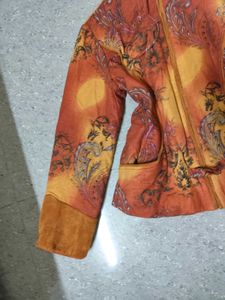 Orange Whimsical Paisley Print Corduroy Jacket