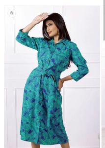 Green Leaf Print Shirt Dress