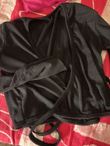 Black Ribbed tie up Wrap Crop Top