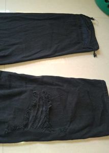 Women's Black Ripped Wide Leg Stretchable Jeans wi