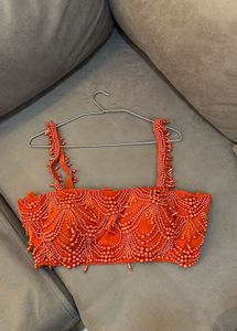 Elegant Orange short blouse and skirt with shrug