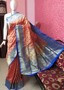 New Orange & Blue Silk Banarasi Saree with bp