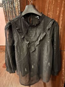 Elegant Black Sheer Top with Metallic Dots